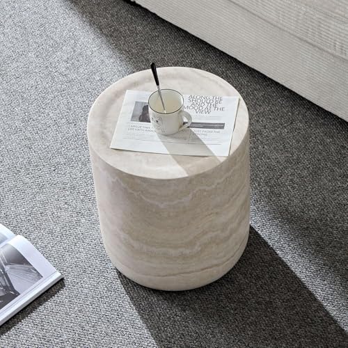 Faux Marble Round Side Table for Living Room Faux Stone Side Table End Tables Modern Travertine Circle End Tables for Apartment, No Need Assembly (Fiberglass-15.74'') - color: Faux Marble-15.74inch