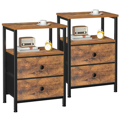 Night Stand, Nightstands Set of 2 for Bedroom | Small Bedside Table with 2 Fabric Drawers, End Tables Living Room, Bed Side Table with Open Storage Shelf, Rustic Brown - color: Brown