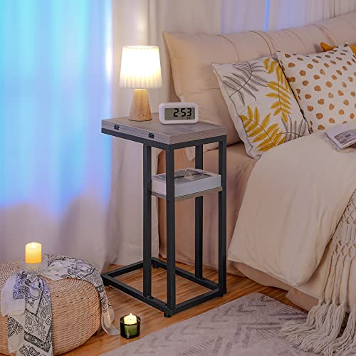 HOOBRO Foldable C Shaped End Table, C Shaped Side Table with Storage Shelf, Small Snack Table, Slide Under Couch Table for Sofa, Living Room Bedroom Small Spaces Easy Assembly, Greige BG29SF01 - color: Greige + Black