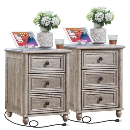 RWYHG 18" Nightstands Set of 2 with Charging Station & 3 Drawers | Farmhouse Modern Night Stand, Bedside Table with Metal Handle, Grey Bed Side End Tables for Bedroom Living Room - color: Gray Oak, size: 18"D x 18"W x 24"H (3 Drawers)