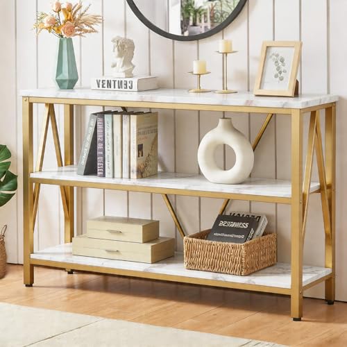 HOMISSUE Entryway Console Table, Rustic Console Tables with Wide Storage, Industrial Foyer for Entry with 3-Tier Open Shelves, Gold, 47 Inch - color: Gold, size: 47Inch(12.99"D x 47.24"W x 30"H)