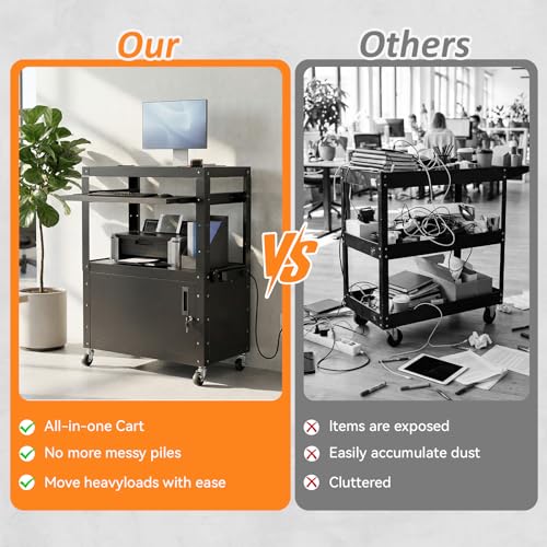 Mobile AV Cart, Adjustable Height Rolling Computer Cart with Pullout Keyboard Tray – Locking Cabinet, 3 Outlets & 2 USB Ports, Lock Brake Casters–Media Utility Cart on Wheels for Home/Office - size: Style 1 18"D x 24"W x 43.3"H
