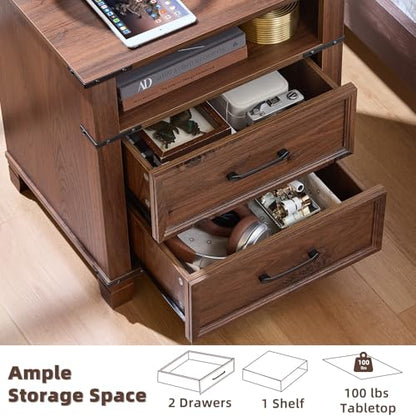 22" Farmhouse Nightstand Set of 2 with Charging Station,End Table with 2 Drawers,Rustic Wood Dresser for Bedroom,Bed Side Table Chest of Drawers Cabinet,Night Stand for Living Room,Brown - color: Brown
