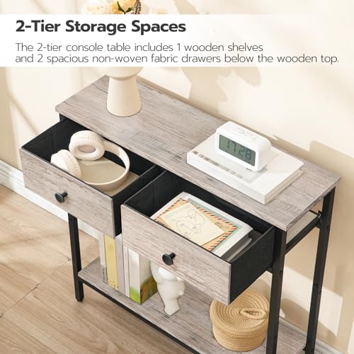 HOOBRO 29.5" Narrow Console Table with 2 Fabric Drawers, Small Entryway Table with 2-Tier Storage Shelves, Sofa Table, Behind Couch Table, for Living Room, Hallway, Greige and Black BG71XG01 - color: Greige and Black