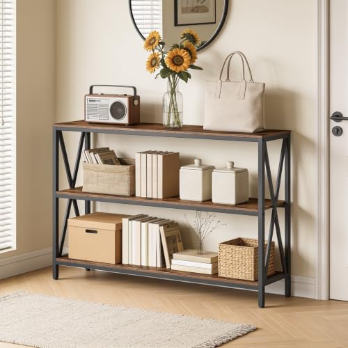 MAHANCRIS 55" Sofa Table, Industrial Console Table, 3-Tier Narrow Sofa Table with Storage Shelves, Foyer Table for Entryway, Hallway, Kitchen, Living Room and Bedroom, Rustic Brown CTHR80401 - color: Rustic Brown, size: 9.4"D x 55"W x 31.7"H