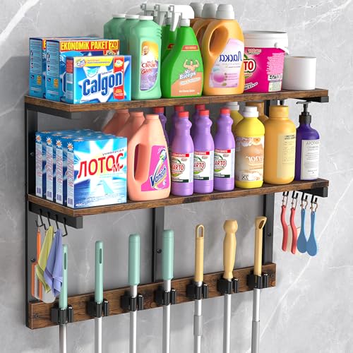 Housolution Wall Mount Broom Holder Laundry Room Storage Organizer Shelves | 2 Tier Large Capacity, Thickened Metal Frame, 100 LBS High Load-Bearing, Multifunctional with 7 Grippers & 8 Hooks - size: 7 Grippers with 2 Tier Shelf