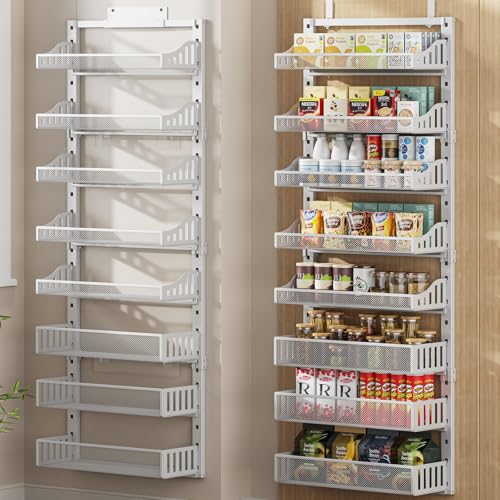 POKIPO Over the Door Pantry Organizer 8-Tier, Large Metal Door Spice Rack with Adjustable Basket, 2 in 1 Wall Mount or Hanging Heavy-Duty Pantry Door Storage Shelf for Kitchen and Bathroom, White - color: White