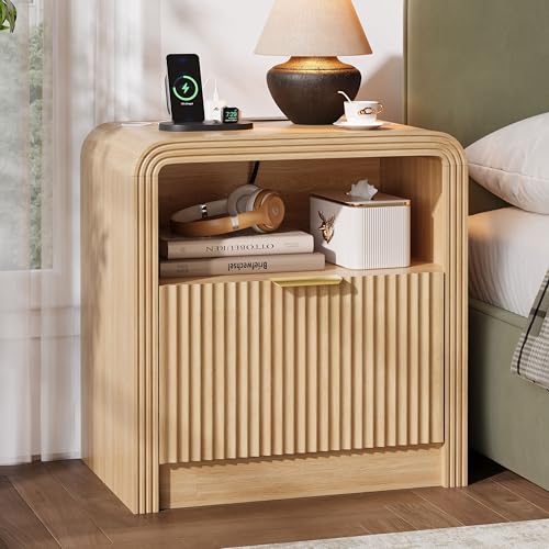 Decofy 23'' Wide Fluted Nightstand with Charging Station, Beside Table with Drawers & Open Shelf, Mordern Large Night Stand with Curved Corners, Wood End Table for Bedroom, Oak - color: Oak, size: 1 Pack