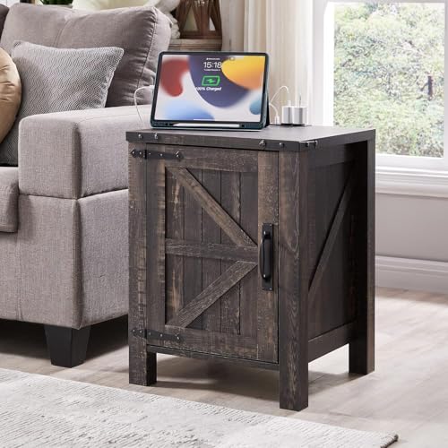 OKD 18" Farmhouse End Table Set of 2, Dark Rustic Oak | Rustic Nightstand, Charging Station, Barn Door, Adjustable Storage Shelf, Wood Sofa Side Table, Living Room, Bedroom - color: Dark Rustic Oak