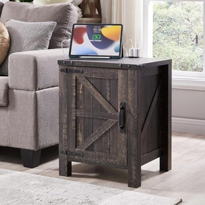 OKD 18" Farmhouse End Table Set of 2, Dark Rustic Oak | Rustic Nightstand, Charging Station, Barn Door, Adjustable Storage Shelf, Wood Sofa Side Table, Living Room, Bedroom - color: Dark Rustic Oak