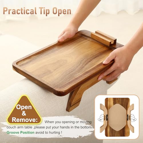 SINWANT Couch Arm Tray, Acacia Wood Sofa Arm Rest Table Clip on Wide Armrest,Folding Anti Slip Couch Armrest Table with 360° Rotating Phone Holder for Snacks,Drinks,Remotes - color: Acacia Wood