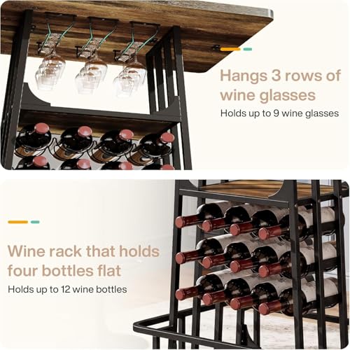 Tribesigns Bar Table, Industrial Counter Height Pub Table, Black and Brown | with Glass Holder and Wine Storage,3-Tier Cocktail Table, Home Bar Unit with Metal Footrest for Kitchen, Bistro, Dining Room