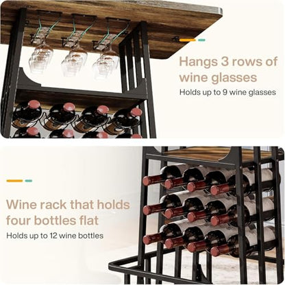 Tribesigns Bar Table, Industrial Counter Height Pub Table, Black and Brown | with Glass Holder and Wine Storage,3-Tier Cocktail Table, Home Bar Unit with Metal Footrest for Kitchen, Bistro, Dining Room
