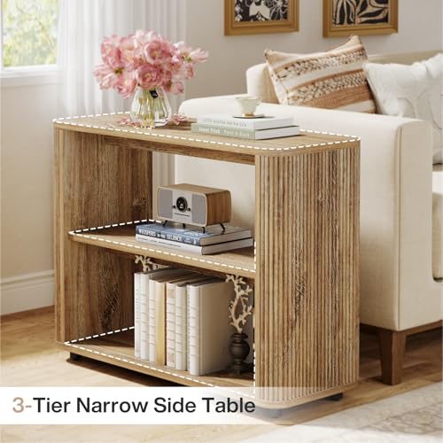 Tribesigns 3-Tier Narrow End Table, Fluted Nightstand, Bedside Table | Storage Shelves, Farmhouse Style, For Living Room, Bedroom, Small Spaces, Sofa Couch, Natural