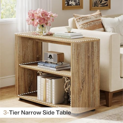 Tribesigns 3-Tier Narrow End Table, Fluted Nightstand, Bedside Table | Storage Shelves, Farmhouse Style, For Living Room, Bedroom, Small Spaces, Sofa Couch, Natural