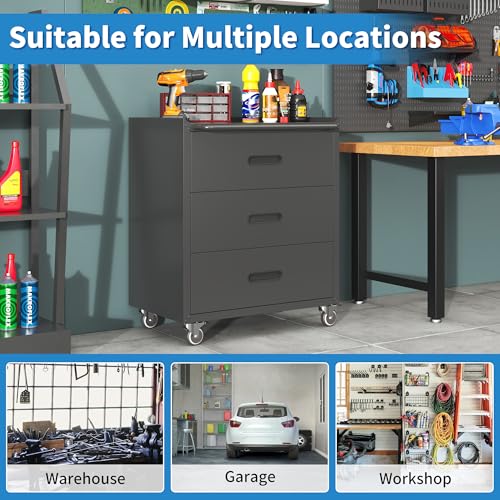 Mobile Tool Storage Cabinet with Wheels,Heavy Duty Rolling Tool Cabinets for Garage,Metal Storage Cabinets with 3 Drawer,Assembly Required - color: Black, style: 3 drawer with wheels