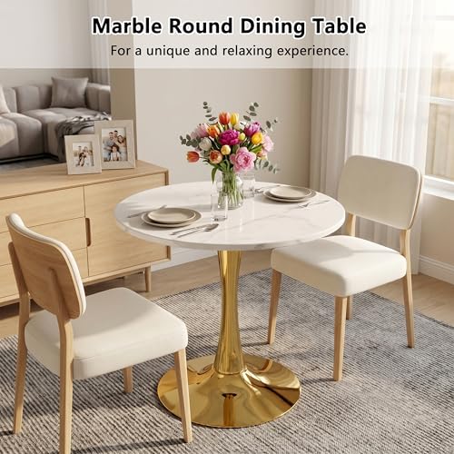 27.6" Marble Round Tulip Table, Mid-Century Modern Style Dining Table with Gold Pedestal Base for 2-4 People, Featuring A Marble Tabletop for Kitchen, Dining Room, Cafe (White) - color: White#gold