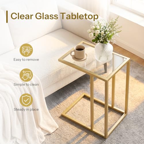HOOBRO C Shaped End Table, Glass Side Table with Metal Frame, Gold Coffee Table for Small Space, Modern Style, for Living Room, Gold GD03SF01G1 - color: Gold