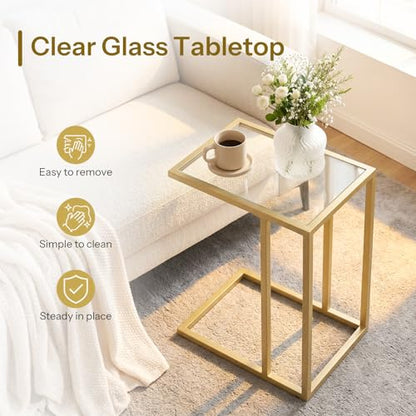 HOOBRO C Shaped End Table, Glass Side Table with Metal Frame, Gold Coffee Table for Small Space, Modern Style, for Living Room, Gold GD03SF01G1 - color: Gold