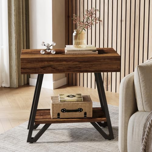 Tribesigns Metal End Side Table for Living Room, 2-Tier Narrow Couch Side Table with Storage Shelves, Small Bedside Nightstand for Bedroom, Small Spaces, Natural(Set of 2)
