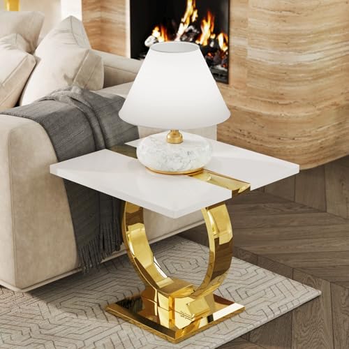 Asday Gold End Table, 23" Modern Sofa Side Table with Polished Metal U-Base, Square White and Gold End Table for Living Room, Sofa Couch, Bedroom, Office - color: White and Gold, size: Set of 1