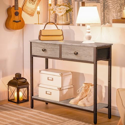 HOOBRO 29.5" Narrow Console Table with 2 Fabric Drawers, Small Entryway Table with 2-Tier Storage Shelves, Sofa Table, Behind Couch Table, for Living Room, Hallway, Greige and Black BG71XG01 - color: Greige and Black