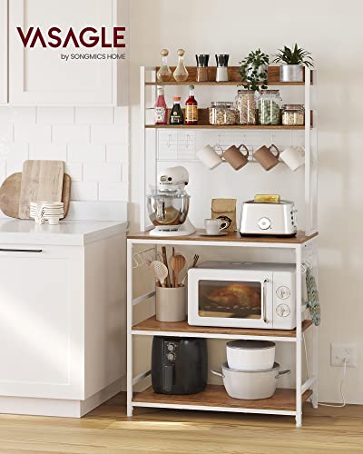 VASAGLE Bakers Rack with Power Outlet, Microwave Stand, Kitchen Tall Utility Storage Shelf, with Metal Wire Panel, 14 Hooks, 15.7 x 31.5 x 66.9 Inches, Rustic Walnut and Cloud White UKKS025W41 - color: Rustic Walnut + Cloud White, size: 31.5"W