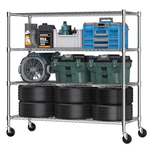 Himimi 72" H Storage Shelves 4 Tier Metal Shelving Adjustable Wire Shelf with Wheels, Heavy Duty Shelving for Garage Kitchen Pantry Bathroom Laundry,18" D*48" W*72" H, Silver - color: Silver, size: 18"D×48"W×72"H, 4-Tier