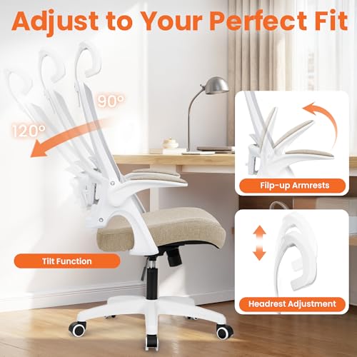 NEO CHAIR Office Desk Chair Gaming Computer High Back Support Mesh Comfy Seat with Adjustable Ergonomic Headrest Lumbar Rolling Flip-up Armrests and Wheels (Beige) - color: Beige