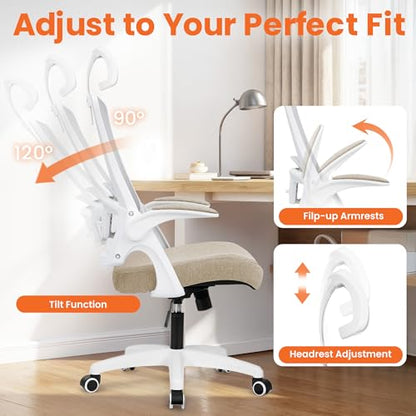 NEO CHAIR Office Desk Chair Gaming Computer High Back Support Mesh Comfy Seat with Adjustable Ergonomic Headrest Lumbar Rolling Flip-up Armrests and Wheels (Beige) - color: Beige