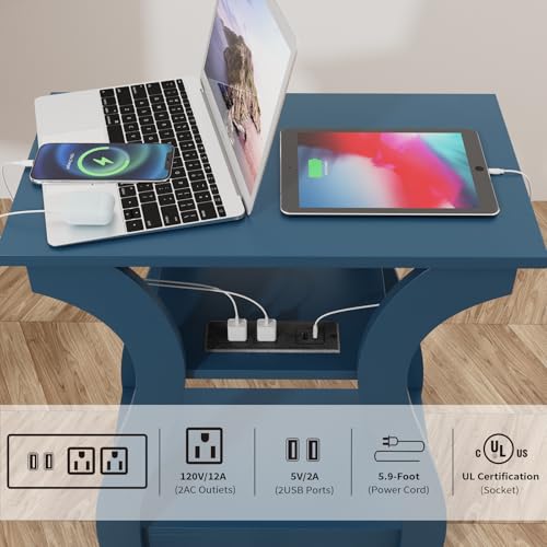 FROMJBEST End Tables Living Room, End Table with Charging Station Navy Blue | Side Table Living Room, with USB Ports and Outlets, Nightstand for Bedroom, 3-Tier Storage Shelf, Bedside Table - color: Navy Blue