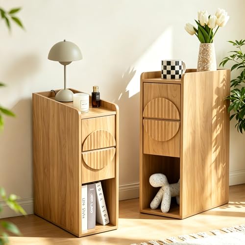 7.9'' Vintage Fluted Narrow Nightstand Set of 2 | Skinny, Small, Thin, Space-saving, 2 drawers, open storage compartment, Rounded safe edges, Versatile usage - color: Natural