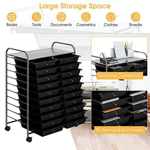 20-Drawer Rolling Storage Cart, Art Cart Organizer on Wheels, Metal Frame and Removable Drawers, Multipurpose Mobile Utility Cart for Classroom, Office, School, Home (Black)