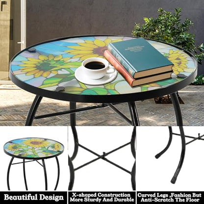 Small Side Table with Metal Frame, 10.5" Round Side Tables with Sunflower Pattern,Outdoor Table for Balcony,Terrace,Garden,Living Room - color: Sunflower
