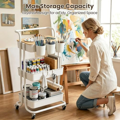 3 Tier Rolling Cart with Table Top, Utility Cart with Lockable Wheels, Hooks & Cup Holders, Multifunctional Rolling Storage Cart for Kitchen, Bathroom, Office, Bedroom, Craft, Living Room (White) - color: White