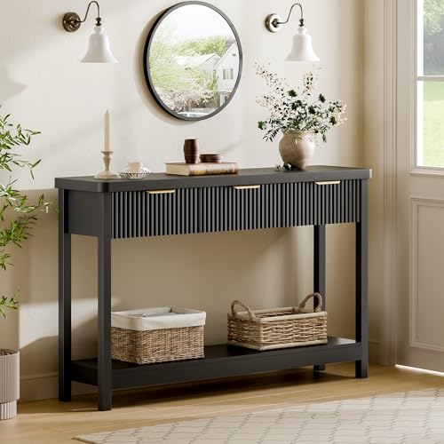Fluted Console Table, 51 Inch Entryway Table with 3 Drawers | Scandi farmhouse look with quiet full-extension slides, open lower shelf, profile for hallway, entry, foyer or behind sofa. - color: Black