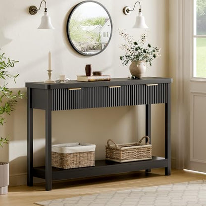 Fluted Console Table, 51 Inch Entryway Table with 3 Drawers | Scandi farmhouse look with quiet full-extension slides, open lower shelf, profile for hallway, entry, foyer or behind sofa. - color: Black