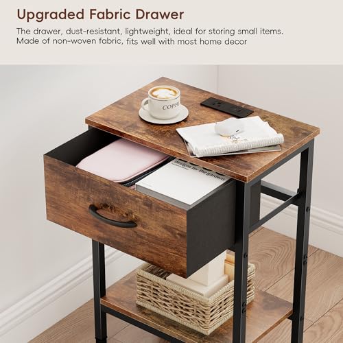 Vagusicc Nightstand with Charging Station, End Table with Fabric Drawer, Small Side Table with 2-Tier Storage Shelves, 25.4" Tall Bedside Table, Night Stand for Bedroom Living Room Dorm, Rustic Brown - color: Rustic Brown (1 Pack)