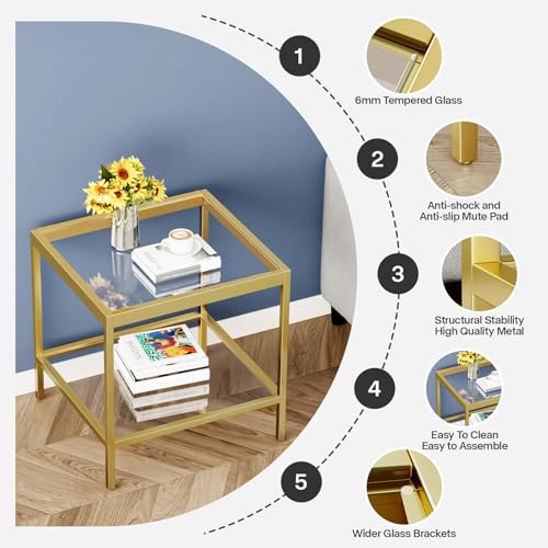 2 Tier Square End Table Side Table with Tempered Glass Top and Gold Metal Frame Modern Night Stand for Small Spaces Side Table with Storage for Living Room Bedroom - color: Gold, style: Style 1