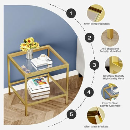 2 Tier Square End Table Side Table with Tempered Glass Top and Gold Metal Frame Modern Night Stand for Small Spaces Side Table with Storage for Living Room Bedroom - color: Gold, style: Style 1