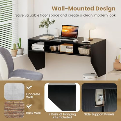 Giantex Wall-Mounted Computer Desk, Floating Laptop Desk with 3 Storage Compartments, Space-Saving Home Office Workstation Vanity Table for Bedroom, Study, Living Room (Black) - color: Black