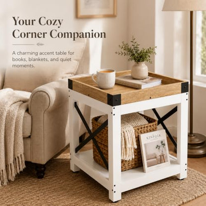 Farmhouse Square Side Table,2-Tier End Table with Storage Shelf | Modern Sofa Couch Table Bedside Nightstand With X-Frame for Living Room Bedroom Office Small spaces,White+Oak - color: White+oak, style: Farmhouse
