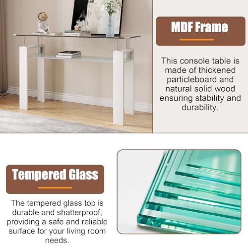 47" 2-Tier Console Table with Tempered Glass Top and MDF Frame, Modern White Rectangular Glass Entryway Table for Living Room, Apartment, Office, Easy to Assemble - color: White, size: Console Table
