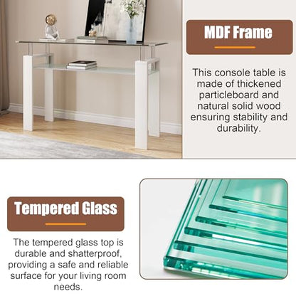 47" 2-Tier Console Table with Tempered Glass Top and MDF Frame, Modern White Rectangular Glass Entryway Table for Living Room, Apartment, Office, Easy to Assemble - color: White, size: Console Table