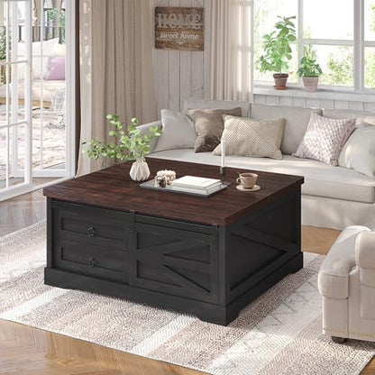 Itaar 39.4'' Lift Top Coffee Table with Storage, Farmhouse Coffee Tables for Living Room, Square Coffee Table with Large Hidden Compartment & 2 Drawers & Adjustable Shelves, Black+Walnut - color: Black+walnut