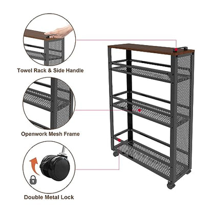 2026 New, Slim Kitchen Storage Cart, 3-Tier Metal Rolling Utility Cart Mesh Basket, Multifunction Wire Basket Shelf Trolley for Home Laundry, Bathroom, Living Room, Black - color: Black
