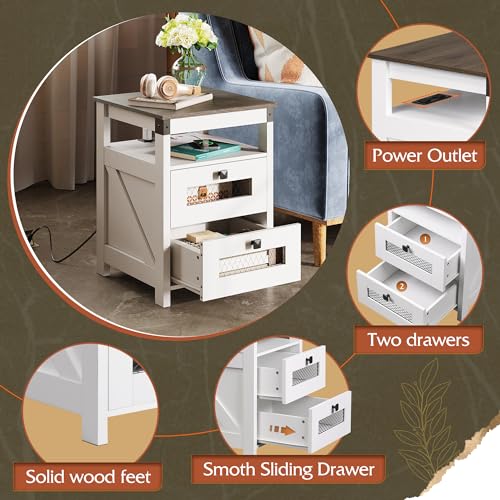 WLIVE Nightstand with Charging Station, Farmhouse End Table, Bed Side Table with 2 Storage Drawers and Open Shelf, Wood Rustic Nightstands for Bedroom, White - color: White, style: Farmhouse