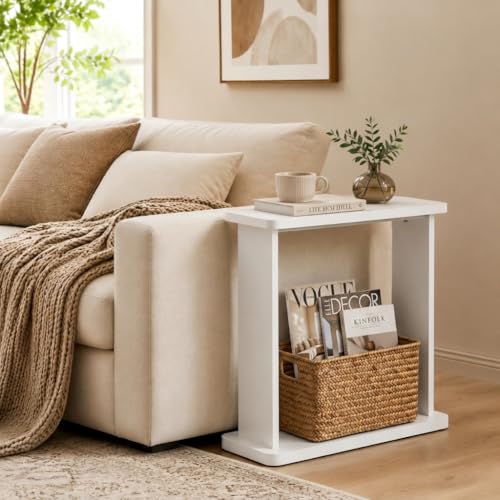Narrow Side Table for Small Spaces, 7.9" Slim End Table with 2-Tier Open Storage Shelf, Modern Skinny Wood Sofa Table for Living Room, Bedroom, Nightstand, Couch(White) - color: White