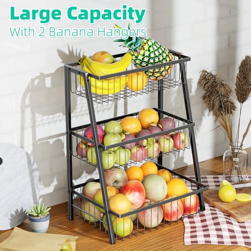 Simple Trending 3-Tier Trapezoidal Fruit Basket with 4 Banana Hooks, Extra Large Metal Wire Kitchen Organizer for Countertop - Rust-Proof for Fruits, Vegetables, Snacks, Bread Storage, Black - style: 3 Tier Black-Hooks