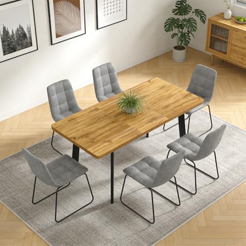 Extendable Dining Table Set for 4 to 8 People, 47.2" to 63" Modern Kitchen Table Set with 6 Chairs, MDF Dining Room Table and Chairs with Removable Extension Leaf (Walnut Table+U-Shaped Grey Chairs) - color: 47.2'' - 63'' Walnut Table+6 U Grey Chairs